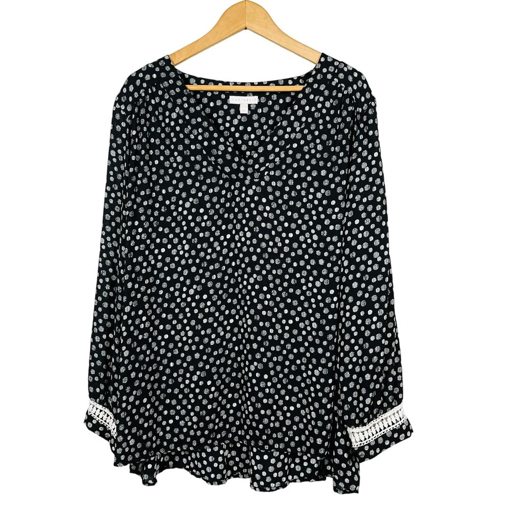 MArybelle Crochet Trim V Neck Tunic Mod Print Long Sleeve Black White - 3X